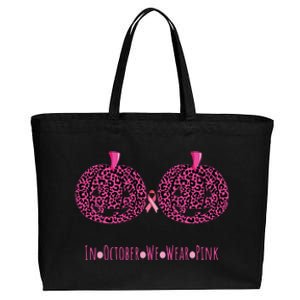 In October We Wear Pumpkin Leopard Print Bra Halloween Vneck Cotton Canvas Jumbo Tote