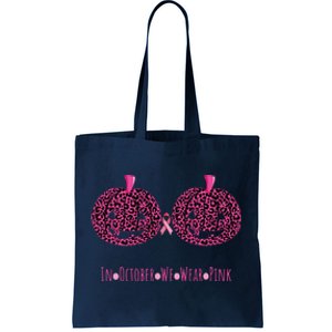 In October We Wear Pumpkin Leopard Print Bra Halloween Vneck Tote Bag