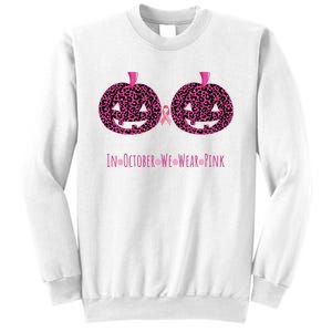 In October We Wear Pumpkin Leopard Print Bra Halloween Vneck Sweatshirt