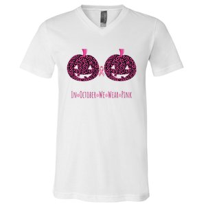 In October We Wear Pumpkin Leopard Print Bra Halloween Vneck V-Neck T-Shirt