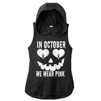 In October We Wear Pink Breast Cancer Jackolantern Halloween Ladies PosiCharge Tri-Blend Wicking Draft Hoodie Tank