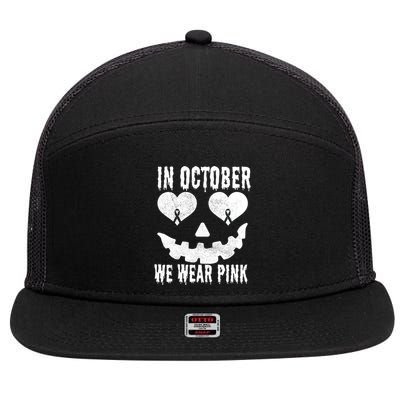 In October We Wear Pink Breast Cancer Jackolantern Halloween 7 Panel Mesh Trucker Snapback Hat