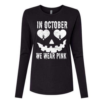 In October We Wear Pink Breast Cancer Jackolantern Halloween Womens Cotton Relaxed Long Sleeve T-Shirt