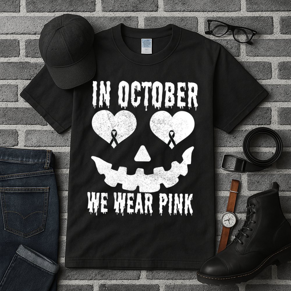 In October We Wear Pink Breast Cancer Jackolantern Halloween Tall T-Shirt