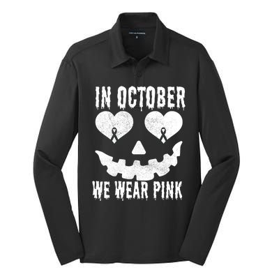 In October We Wear Pink Breast Cancer Jackolantern Halloween Silk Touch Performance Long Sleeve Polo