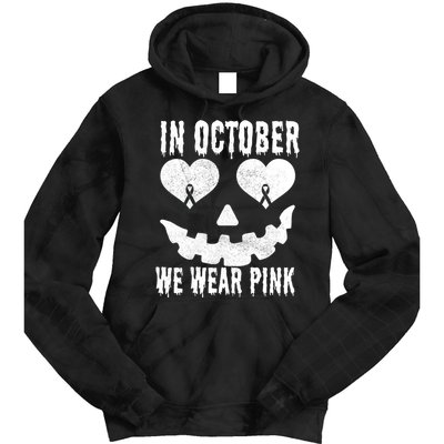In October We Wear Pink Breast Cancer Jackolantern Halloween Tie Dye Hoodie