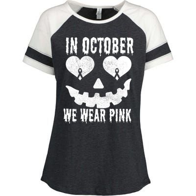 In October We Wear Pink Breast Cancer Jackolantern Halloween Enza Ladies Jersey Colorblock Tee