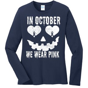 In October We Wear Pink Breast Cancer Jackolantern Halloween Ladies Long Sleeve Shirt