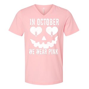 In October We Wear Pink Breast Cancer Jackolantern Halloween V-Neck T-Shirt