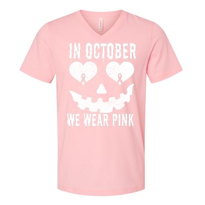 In October We Wear Pink Breast Cancer Jackolantern Halloween V-Neck T-Shirt