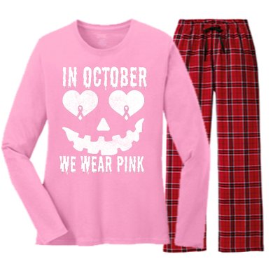 In October We Wear Pink Breast Cancer Jackolantern Halloween Women's Long Sleeve Flannel Pajama Set 