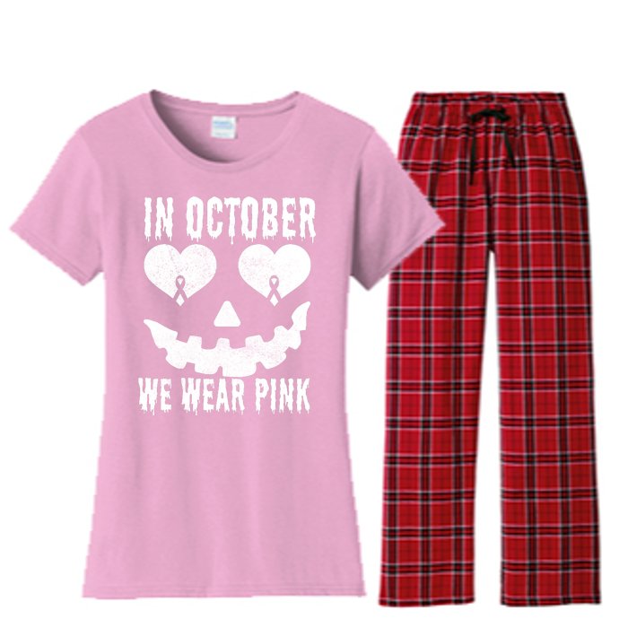 In October We Wear Pink Breast Cancer Jackolantern Halloween Women's Flannel Pajama Set