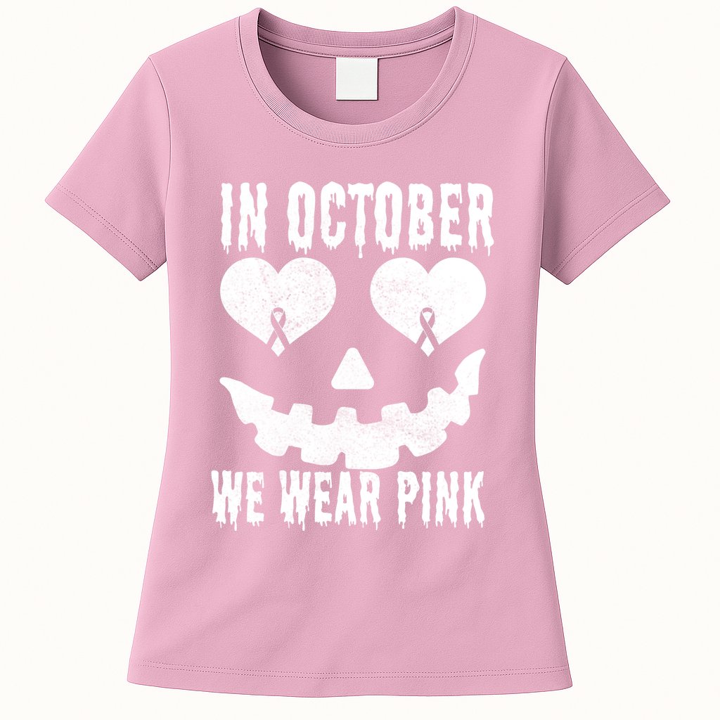 In October We Wear Pink Breast Cancer Jackolantern Halloween Womens T-Shirt