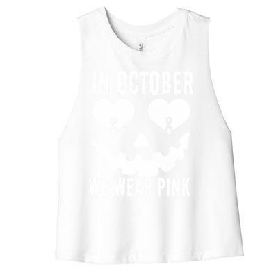 In October We Wear Pink Breast Cancer Jackolantern Halloween Women's Racerback Cropped Tank