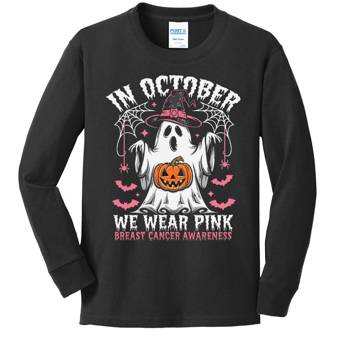 In October We Wear Pin.K Ghost Witch Breast Cancer Awareness Kids Long Sleeve Shirt