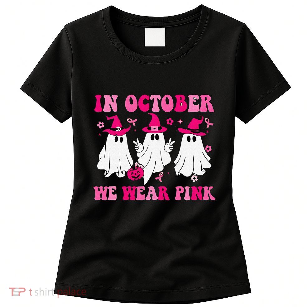 In October We Wear Pin.K Groovy Cute Ghost Halloween Womens T-Shirt