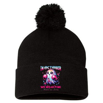 In October We Wear Ghost Witch Breast Cancer Awareness Pom Pom 12in Knit Beanie