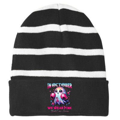 In October We Wear Ghost Witch Breast Cancer Awareness Striped Beanie with Solid Band