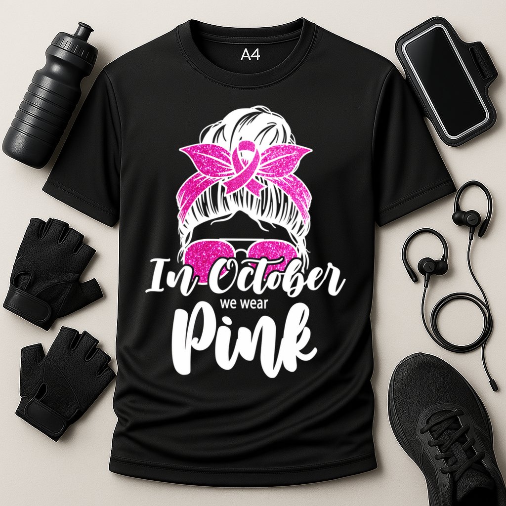 In October We Wear Pink Messy Bun Breast Cancer Cooling Performance Crew T-Shirt