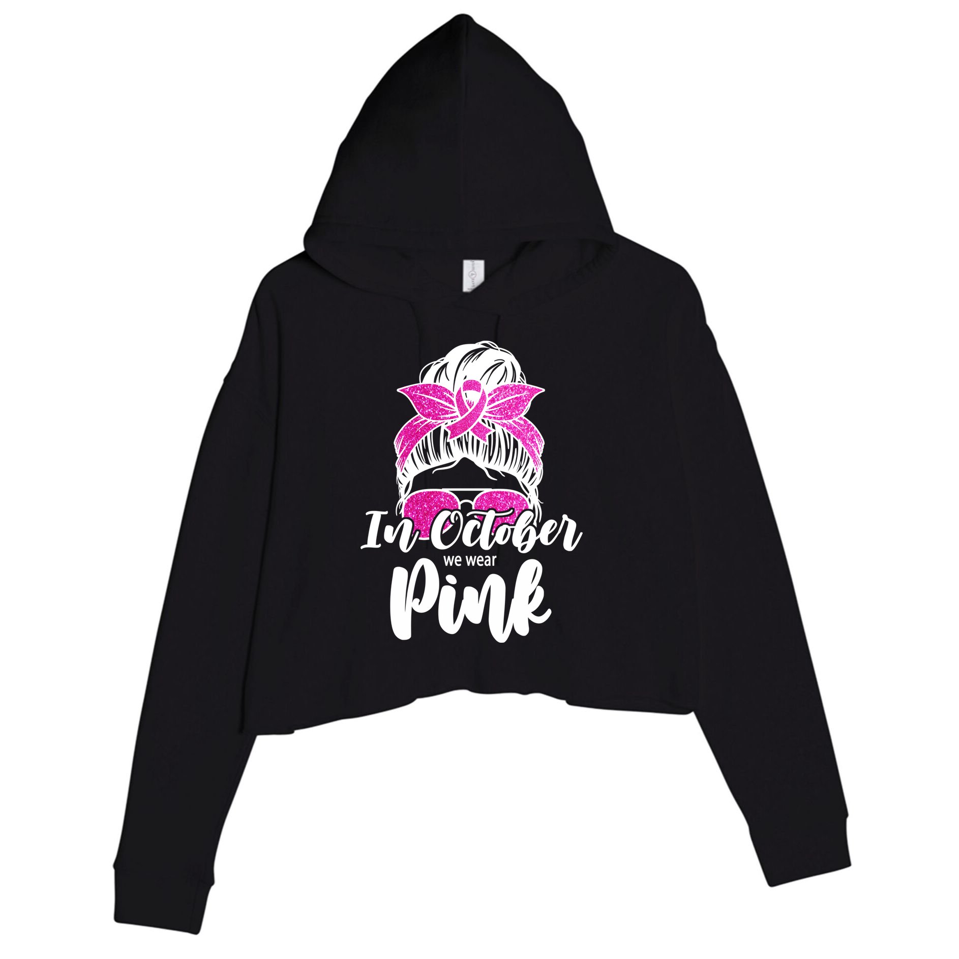 In October We Wear Pink Messy Bun Breast Cancer Crop Fleece Hoodie