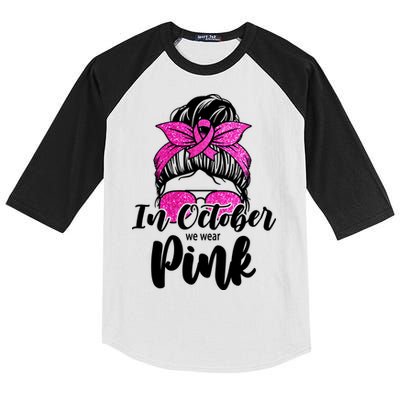 In October We Wear Pink Messy Bun Breast Cancer Kids Colorblock Raglan Jersey