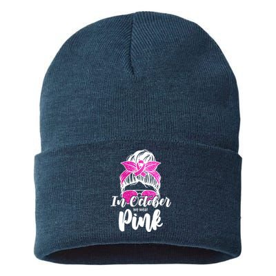 In October We Wear Pink Messy Bun Breast Cancer Sustainable Knit Beanie