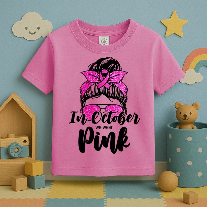 In October We Wear Pink Messy Bun Breast Cancer Toddler T-Shirt