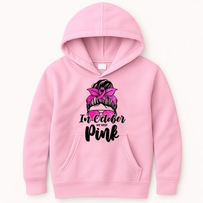 In October We Wear Pink Messy Bun Breast Cancer Kids Hoodie