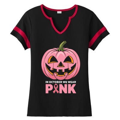 In October We Wear Breast Cancer Pumpkin Halloween Ladies Halftime Notch Neck Tee