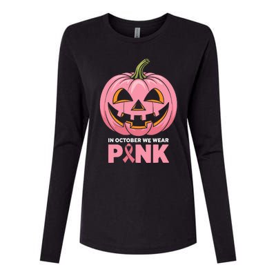 In October We Wear Breast Cancer Pumpkin Halloween Womens Cotton Relaxed Long Sleeve T-Shirt