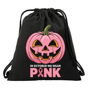 In October We Wear Breast Cancer Pumpkin Halloween Drawstring Bag