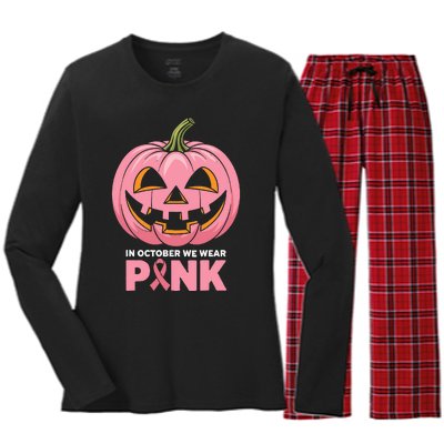 In October We Wear Breast Cancer Pumpkin Halloween Women's Long Sleeve Flannel Pajama Set 