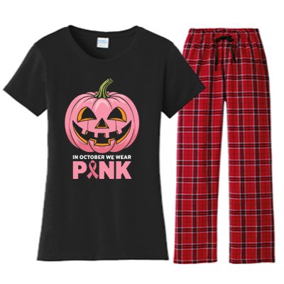 In October We Wear Breast Cancer Pumpkin Halloween Women's Flannel Pajama Set