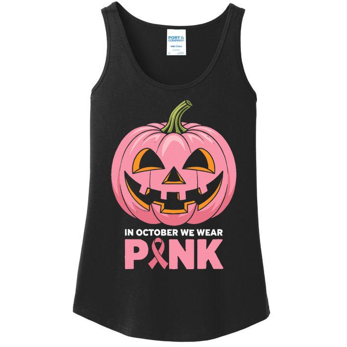 In October We Wear Breast Cancer Pumpkin Halloween Ladies Essential Tank