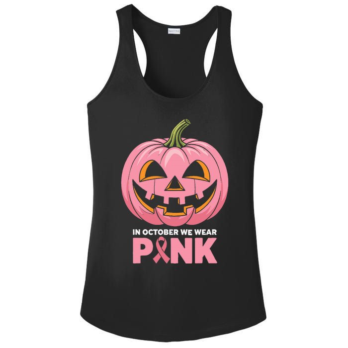 In October We Wear Breast Cancer Pumpkin Halloween Ladies PosiCharge Competitor Racerback Tank