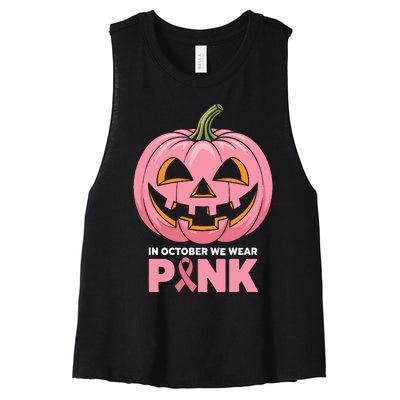 In October We Wear Breast Cancer Pumpkin Halloween Women's Racerback Cropped Tank