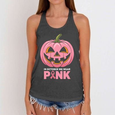 In October We Wear Breast Cancer Pumpkin Halloween Women's Knotted Racerback Tank