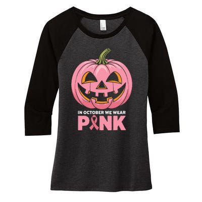 In October We Wear Breast Cancer Pumpkin Halloween Women's Tri-Blend 3/4-Sleeve Raglan Shirt