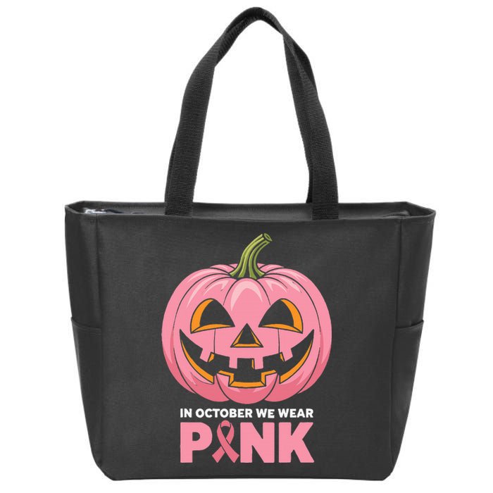 In October We Wear Breast Cancer Pumpkin Halloween Zip Tote Bag