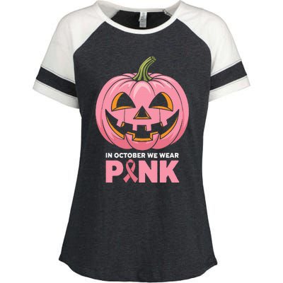 In October We Wear Breast Cancer Pumpkin Halloween Enza Ladies Jersey Colorblock Tee