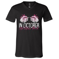 In October We Wear Pink Breast Cancer Awareness Pumpkin V-Neck T-Shirt