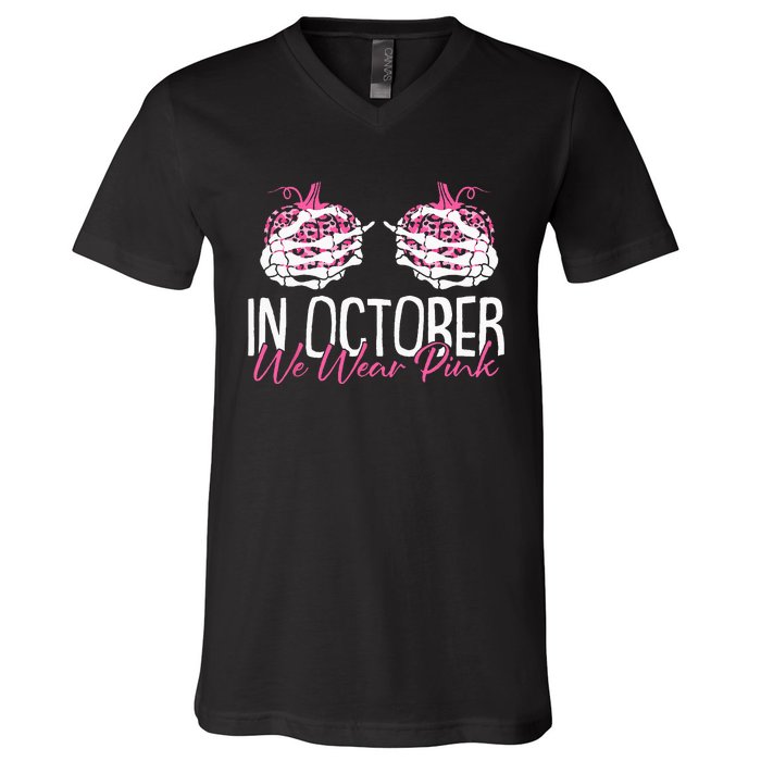 In October We Wear Pink Breast Cancer Awareness Pumpkin V-Neck T-Shirt