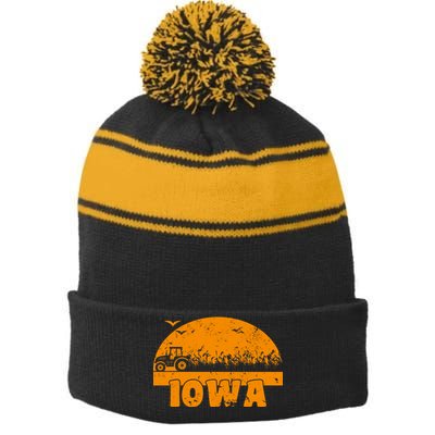 Iowa Farmers Tractor Stripe Pom Pom Beanie