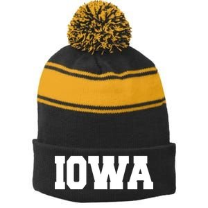 IOWA Team College University Logo Stripe Pom Pom Beanie