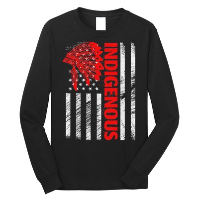 Indigenous Peoples Day Distressed Headdress Usa Flag Long Sleeve Shirt