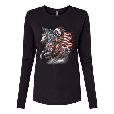 Indigenous Peoples Day 4th Of July Native American Day Flag Indian Riding Horse Womens Cotton Relaxed Long Sleeve T-Shirt