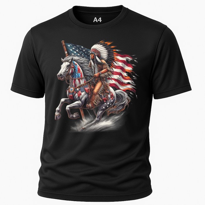 Indigenous Peoples Day 4th Of July Native American Day Flag Indian Riding Horse Cooling Performance Crew T-Shirt