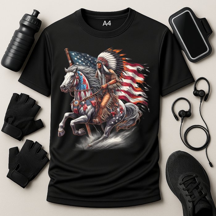 Indigenous Peoples Day 4th Of July Native American Day Flag Indian Riding Horse Cooling Performance Crew T-Shirt