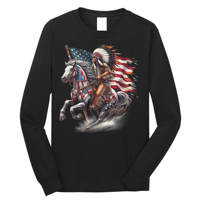 Indigenous Peoples Day 4th Of July Native American Day Flag Indian Riding Horse Long Sleeve Shirt