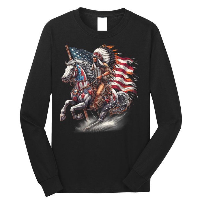 Indigenous Peoples Day 4th Of July Native American Day Flag Indian Riding Horse Long Sleeve Shirt